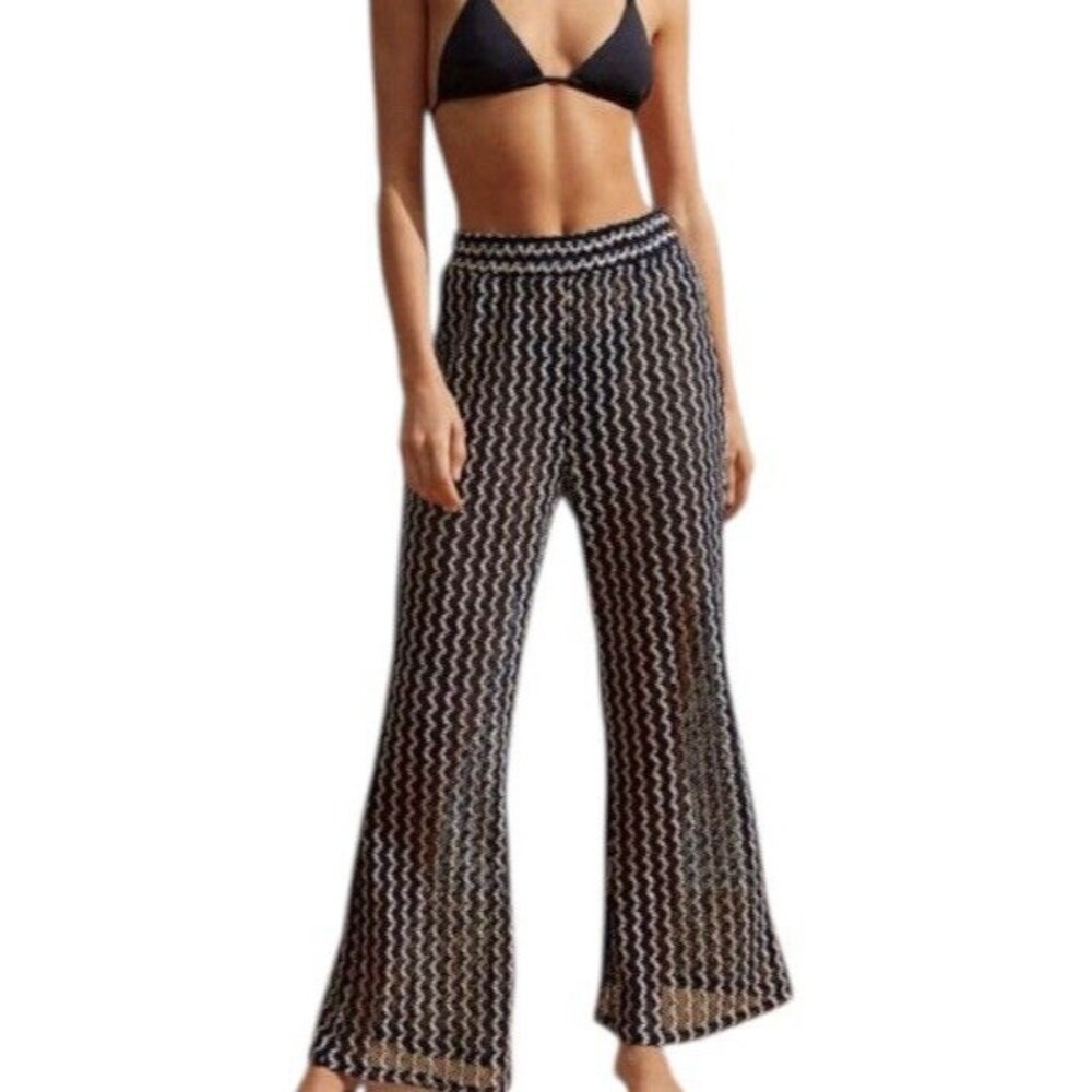 Oysho Crochet Knit Pants Women XS Navy White Zigzag Coastal‎ Resort Quiet Luxury